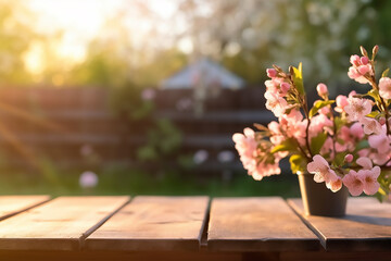 Wall Mural - Empty Wooden surface for presentation with blurred garden and flowers background, mockup, Space for presentation product wooden table on nature outdoors in sunlight in garden
