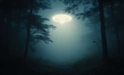 Poster - Mysterious foggy forest with glowing object