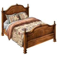 Poster - A depiction of a classic wooden bed with an arched headboard and footboard featuring a floral patterned comforter and pillows.