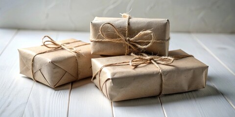 Poster - Three simply wrapped gifts on a white wooden surface