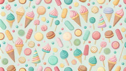 Poster - Delightful Pastel Treats A Seamless Pattern of Ice Cream, Lollipops, and Sweet Confections