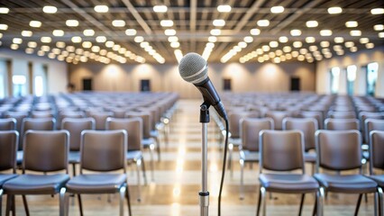 A single microphone stands on a stand in a large empty hall with rows of unoccupied chairs