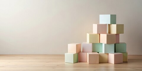 Aufkleber - Pastel-colored cubes arranged in a visually appealing stack on a light wood surface against a neutral backdrop