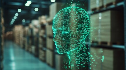 AI head in warehouse, digital transformation, logistics