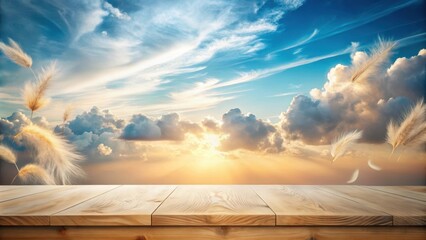 Wall Mural - Serene Sunset Vista Wooden Platform Beneath a Sky of Drifting Seed Heads and Golden Hues