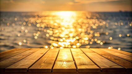 Poster - Golden sunset over tranquil water, empty wooden surface