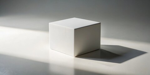 Poster - A simple white cube illuminated by sunlight casts a dramatic shadow on a minimalist surface