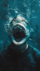 Wall Mural - Surreal Shark Man: Underwater Encounter