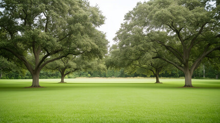 Serene Landscape: Two majestic oak trees stand tall and proud amidst a verdant expanse of green grass, creating a serene and picturesque scene.