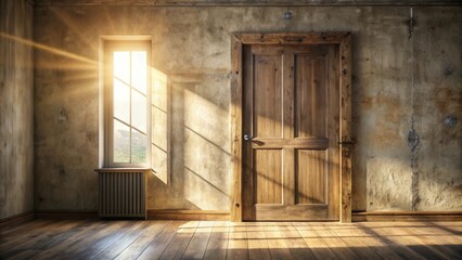 Fototapete - Sunlit Room with Rustic Wooden Door and Window