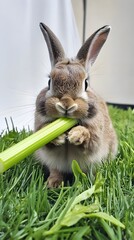 Wall Mural - 86. A rabbit chewing on a celery stick, sitting on the grass with a white backdrop