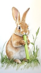 Wall Mural - 86. A rabbit chewing on a celery stick, sitting on the grass with a white backdrop