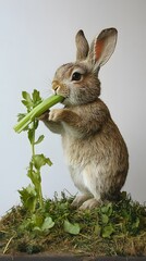 Wall Mural - 86. A rabbit chewing on a celery stick, sitting on the grass with a white backdrop