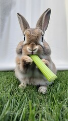 Wall Mural - 86. A rabbit chewing on a celery stick, sitting on the grass with a white backdrop