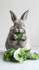 Wall Mural - 94. A rabbit eating lettuce, sitting with its paws in front of it, against a white background