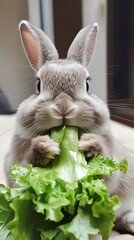Wall Mural - 94. A rabbit eating lettuce, sitting with its paws in front of it, against a white background