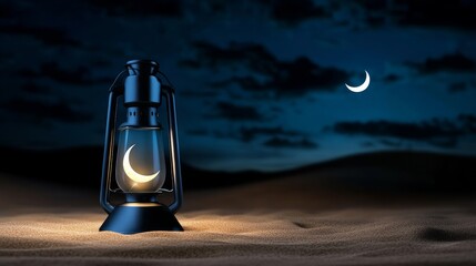 Wall Mural - Ramadan Kareem greeting with an Arabic lantern glowing at night in a desert accompanied by a crescent moon and magical glittering lights