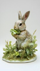 Wall Mural - 35. A rabbit eating lettuce, sitting on the grass with a white backdrop