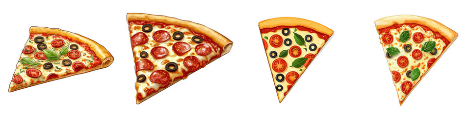 Wall Mural - Flat style illustration of a pizza slice with toppings, isolated on a white background. Mix Collection Png.