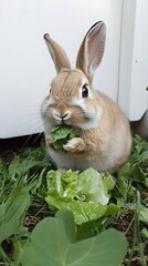 Wall Mural - 41. A rabbit nibbling on lettuce, sitting on the grass with a white background