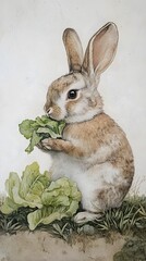 Wall Mural - 41. A rabbit nibbling on lettuce, sitting on the grass with a white background