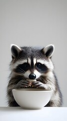 Wall Mural - 43. A raccoon eating from a bowl, seated in front of a white backdrop