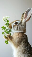 Wall Mural - 49. A rabbit chewing on clover, with its nose twitching, set against a white backdrop