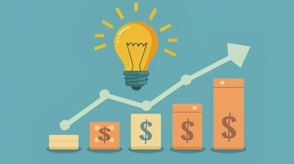  A startup idea with a light bulb icon and financial growth charts, minimal flat design 

