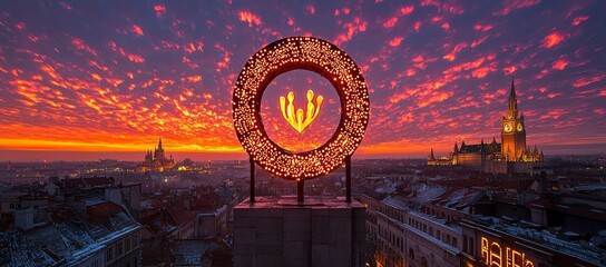 Wall Mural - Cityscape sunset, illuminated ring art, winter. Travel, tourism