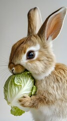Wall Mural - 74. A rabbit munching on a cabbage, with its eyes focused on the meal, set against white