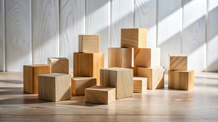 Aufkleber - Wooden blocks arranged in a sunlit composition on a table