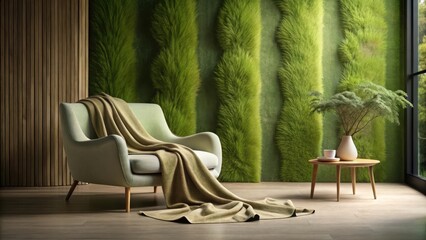 Wall Mural - Serene Living Room Interior Design with Lush Green Wall and Comfortable Armchair