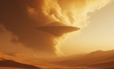 Poster - Mysterious UFO above desert landscape.