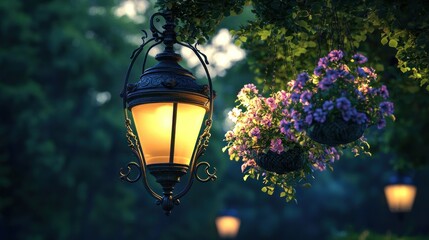 Wall Mural - Illuminated antique lantern hanging from tree branch with purple flowers at dusk.