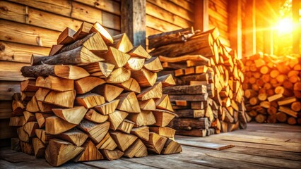 Poster - Warm Golden Sunlight Illuminates a Stack of Seasoned Firewood in a Rustic Wooden Shed