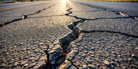 Leinwandbilder - Cracked Asphalt Road Surface at Sunset Showing Extensive Damage