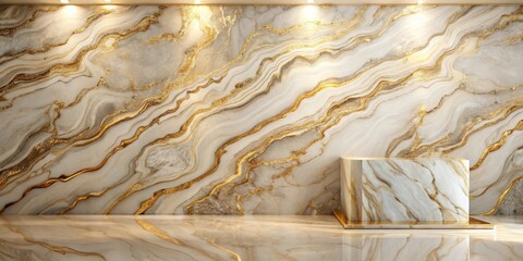 Wall Mural - Elegant Gold and White Marble Display Platform with Illuminated Wall