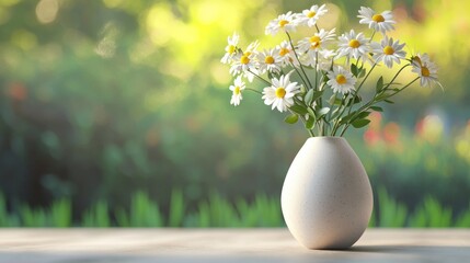 Wall Mural - White daisies in an egg-shaped vase on a wooden surface against a blurred green background.