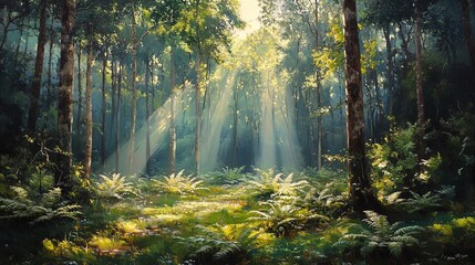  A serene forest with sunlight filtering through dense green canopies, dew-kissed ferns in the foreground
