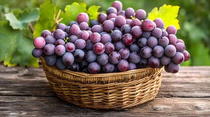 Wall Mural - freshly harvested bunches of purple and green grapes placed in a woven wicker basket resting on a ru