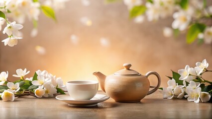 Wall Mural - Serene Tea Time A Still Life Featuring a Teapot and Cup with Delicate White Blossoms