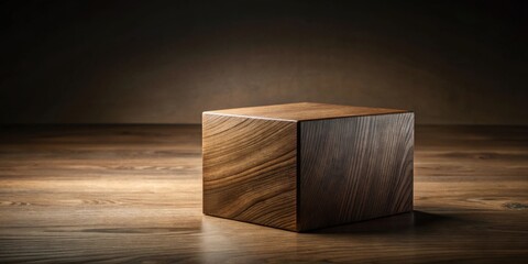 Poster - A Rustic Wooden Cube on a Dark Wood Surface Ideal for Product Display