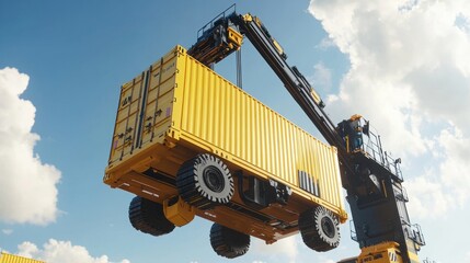 A heavy machinery crane lifting a yellow shipping container against a cloudy sky.