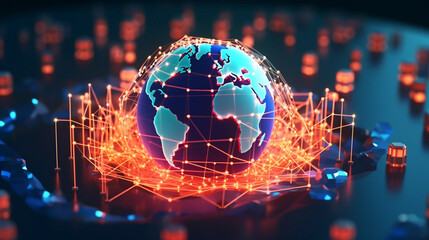 Wall Mural - a digital map of the world with glowing lines connecting various points, representing global connect