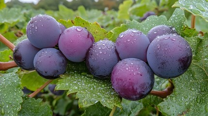 Wall Mural - freshly picked cluster of ripe vibrant purple grapes with dew droplets glistening in the morning sun