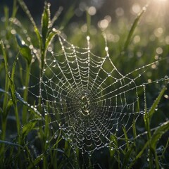 Focus on the intricate web of a spider with morning dew.