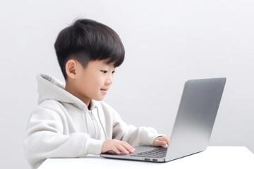 Sticker - Little asian boy student study online computer laptop child.