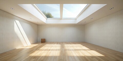 Wall Mural - Bright Sunlight Illuminates an Empty Room with Wooden Floors and Skylights