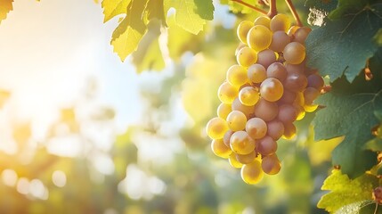 Wall Mural - close up view of a cluster of ripe juicy yellow grapes growing on a green grapevine with leaves unde