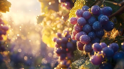 Wall Mural - freshly harvested purple grapes with dew drops glistening in the warm morning sunlight hanging in a 
